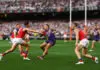 MELBOURNE, AUSTRALIA - SEPTEMBER 26: Shai Bolton of the Dockers runs with the ball during the AFL Grand Final match between Fremantle Dockers and Brisbane Lions at Melbourne Cricket Ground, on September 26, 2026, in Melbourne, Australia. (Photo by Morgan Hancock/AFL Photos/via Getty Images)