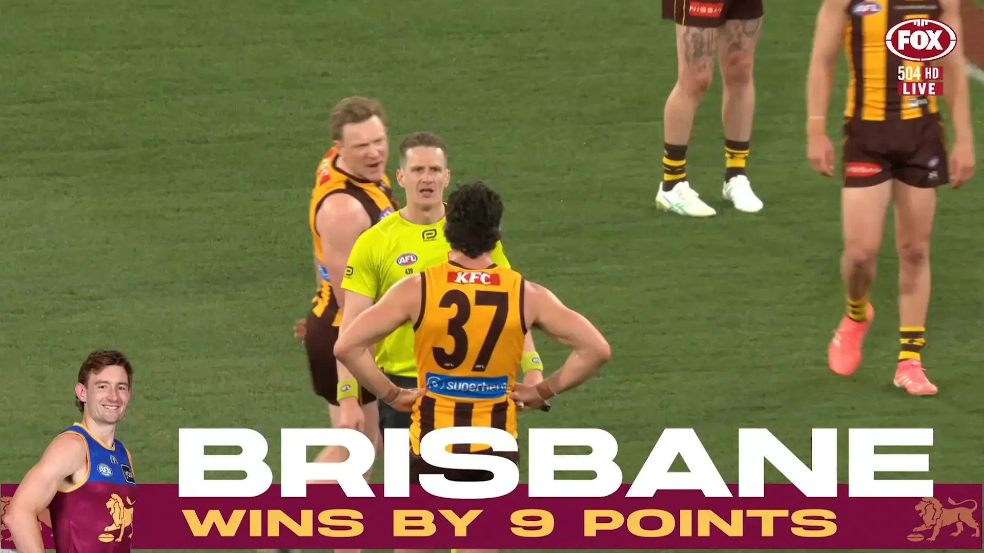James Sicily confronts an umpire following Hawthorn's 2026 preliminary final loss to Brisbane. Courtesy: Fox Footy.
