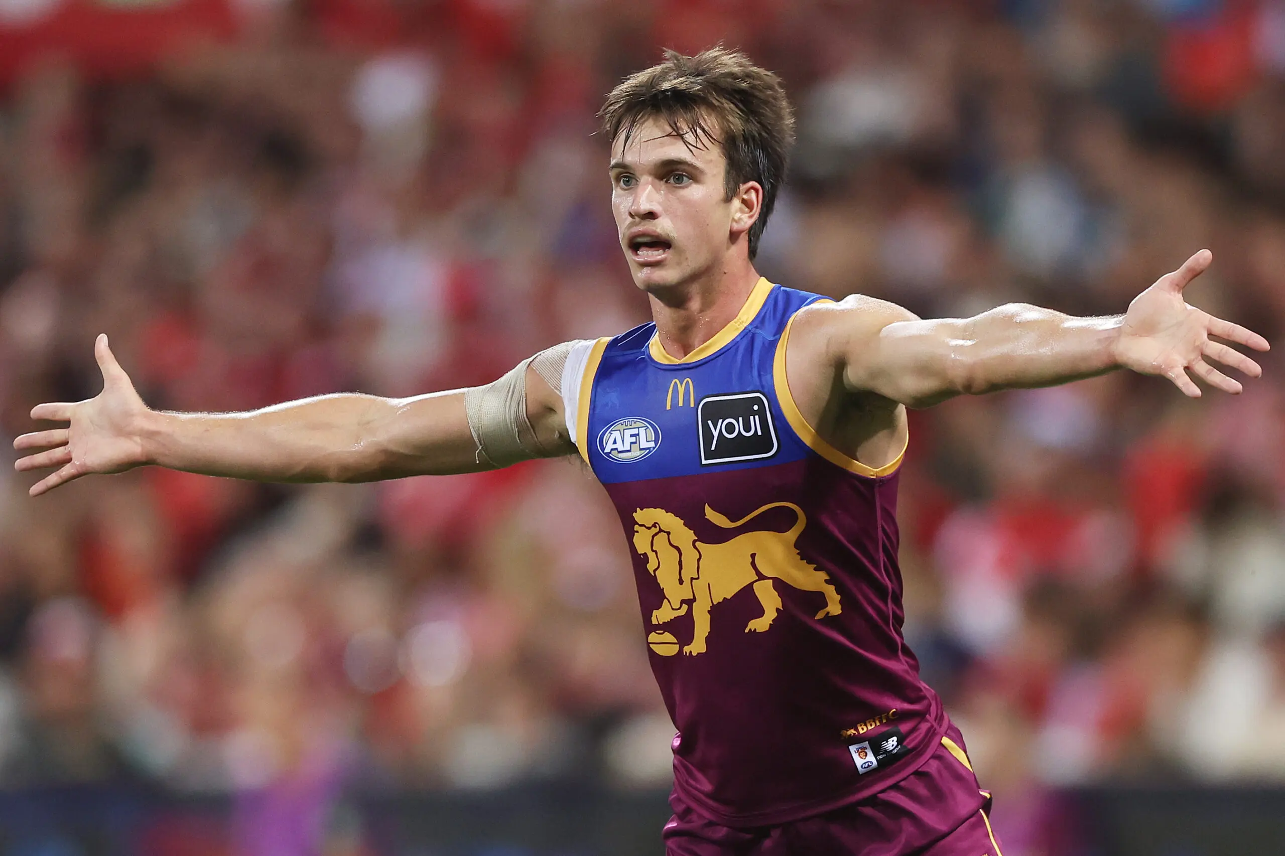 SYDNEY, AUSTRALIA - MARCH 14: Daniel Annable of the Lions in action during the round one AFL match between Sydney Swans and Brisbane Lions at Sydney Cricket Ground, on March 14, 2026, in Sydney, Australia. (Photo by Mark Metcalfe/Getty Images)