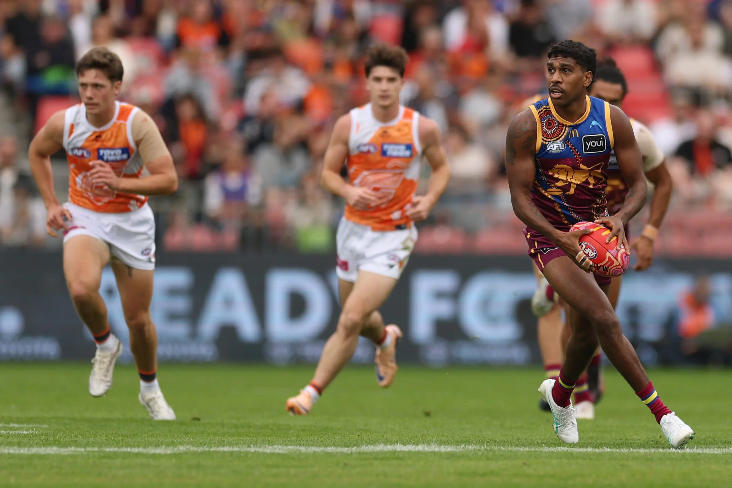 SYDNEY, AUSTRALIA - MAY 24: Keidean Coleman of the Lions ruruns with the ball during the round 11 AFL match between Greater Western Sydney Giants and Brisbane Lions at ENGIE Stadium, on May 24, 2026, in Sydney, Australia. (Photo by Darrian Traynor/Getty Images)