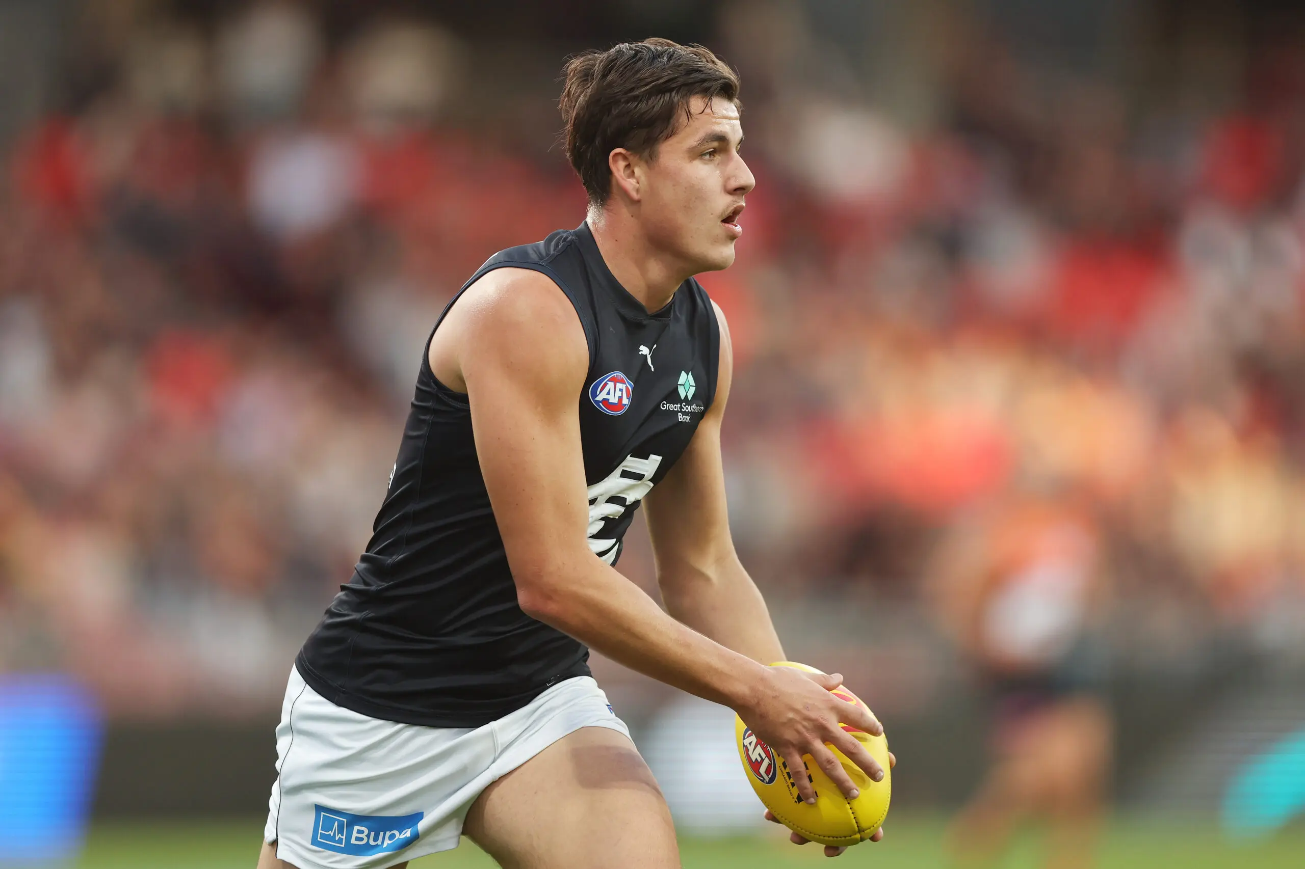 SYDNEY, AUSTRALIA - JUNE 20: Wade Derksen of the Blues in action during the round 15 AFL match between Greater Western Sydney Giants and Carlton Blues at ENGIE Stadium, on June 20, 2026, in Sydney, Australia. (Photo by Mark Metcalfe/AFL Photos/via Getty Images)
