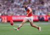 MELBOURNE, AUSTRALIA - SEPTEMBER 26: Conor McKenna of the Lions kicks during the AFL Grand Final match between Fremantle Dockers and Brisbane Lions at Melbourne Cricket Ground, on September 26, 2026, in Melbourne, Australia. (Photo by Cameron Spencer/AFL Photos/via Getty Images)