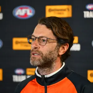 MELBOURNE, AUSTRALIA - OCTOBER 05: Adrian Caruso, Head of Talent at the GWS Giants speaks to the media during the Opening Day of the 2026 AFL Trade Period at Marvel Stadium on October 05, 2026 in Melbourne, Australia. (Photo by Quinn Rooney/Getty Images)