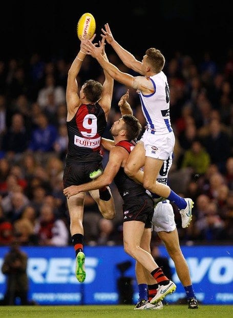 North Melbourne's Shaun Higgins took this great mark against the Bombers. Picture: Michael Willson/AFL Media.