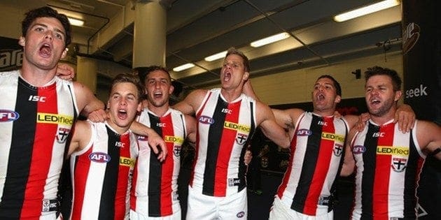 St. Kilda players celebrate their come from behind win over the Bulldogs. Picture: Robert Cianflone/Getty Images AsiaPac.