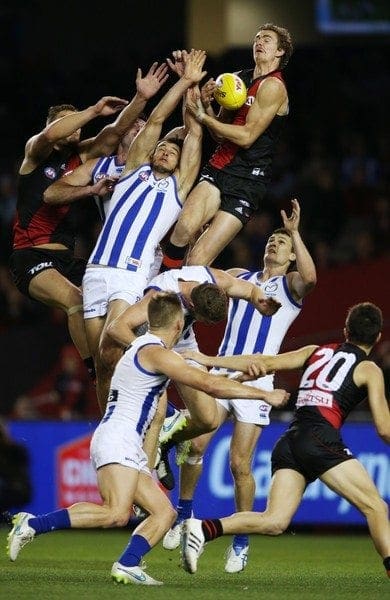 Joe Daniher took this huge screamer against the Roos on Friday night. Michael Dodge/AFL Media/Getty Images AsiaPac.