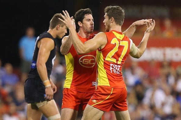 GOLD COAST, AUSTRALIA - APRIL 09: Michael Rischitelli and Clay Cameron of the Suns celebrate a goal during the round three AFL match between the Gold Coast Suns and the Carlton Blues at Metricon Stadium on April 9, 2016 in Gold Coast, Australia. (Photo by Chris Hyde/Getty Images)