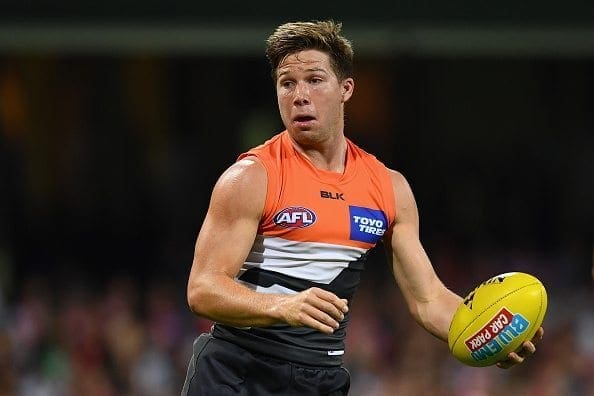 SYDNEY, AUSTRALIA - APRIL 09: Toby Greene of the Giants looks to pass during the round three AFL match between the Sydney Swans and the Greater Western Sydney Giants at Sydney Cricket Ground on April 9, 2016 in Sydney, Australia. (Photo by Cameron Spencer/Getty Images)