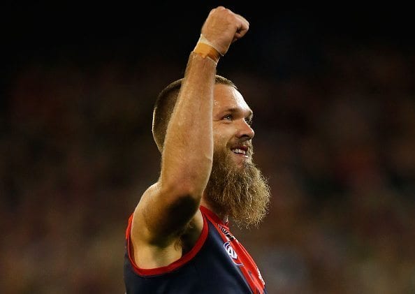 MELBOURNE, AUSTRALIA - APRIL 24: Max Gawn of the Demons celebrates a goal during the 2016 AFL Round 05 match between the Melbourne Demons and the Richmond Tigers at the Melbourne Cricket Ground, Melbourne on April 24, 2016. (Photo by Michael Willson/AFL Media/Getty Images)