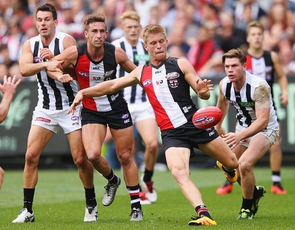 MELBOURNE, AUSTRALIA - APRIL 09: Sebastian Ross of the Saints kicks the ball during the round three AFL match between the St Kilda Saints and the Collingwood Magpies at Melbourne Cricket Ground on April 9, 2016 in Melbourne, Australia. (Photo by Michael Dodge/Getty Images)