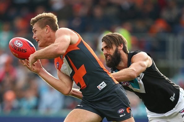 during the round four AFL match between the Greater Western Sydney Giants and the Port Adelaide Power at Star Track Oval on April 17, 2016 in Canberra, Australia.