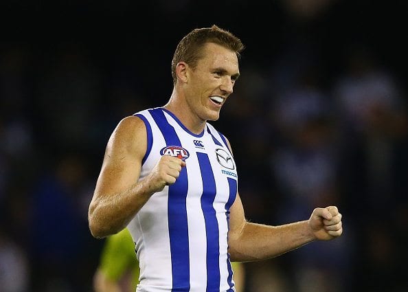 MELBOURNE, AUSTRALIA - APRIL 29: Drew Petrie of the Kangaroos celebrates after the kangaroos defeated the Bulldogs during the round six AFL match between the North Melbourne Kangaroos and the Western Bulldogs at Etihad Stadium on April 29, 2016 in Melbourne, Australia. (Photo by Robert Cianflone/Getty Images)