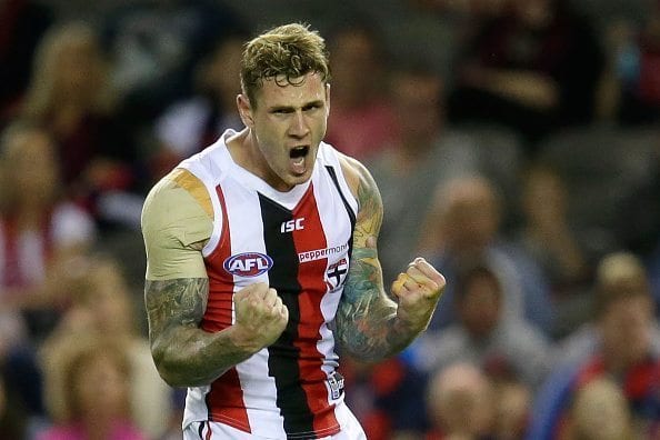 MELBOURNE, VICTORIA - APRIL 30:  Tim Membrey of the Saints celebrates a goal  during the round six AFL match between the Melbourne Demons and the St Kilda Saints at Etihad Stadium on April 30, 2016 in Melbourne, Australia.  (Photo by Darrian Traynor/AFL Media/Getty Images)