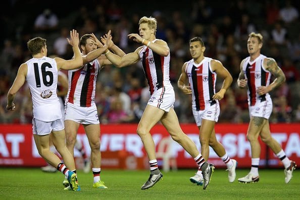 MELBOURNE, AUSTRALIA - APRIL 30: Nick Riewoldt of the Saints celebrates a goal with team mates during the 2016 AFL Round 06 match between the Melbourne Demons and the St Kilda Saints at Etihad Stadium, Melbourne on April 30, 2016. (Photo by Darrian Traynor/AFL Media)