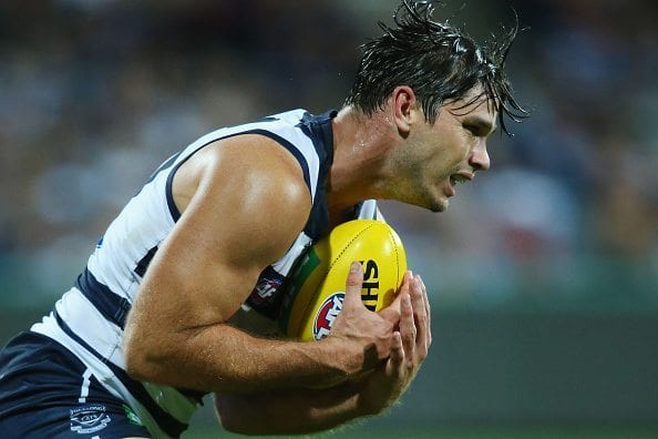 GEELONG, AUSTRALIA - APRIL 30:  Tom Hawkins of the Cats marks the ball during the round six AFL match between the Geelong Cats and the Gold Coast Suns at Simonds Stadium on April 30, 2016 in Geelong, Australia.  (Photo by Michael Dodge/Getty Images)