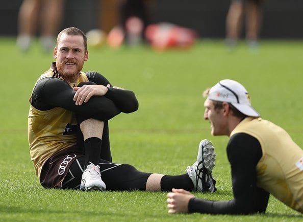 MELBOURNE, AUSTRALIA - MAY 05: Jarryd Roughead of the Hawks stretches during a Hawthorn Hawks AFL media session at Waverley Park on May 5, 2016 in Melbourne, Australia. (Photo by Robert Cianflone/Getty Images)