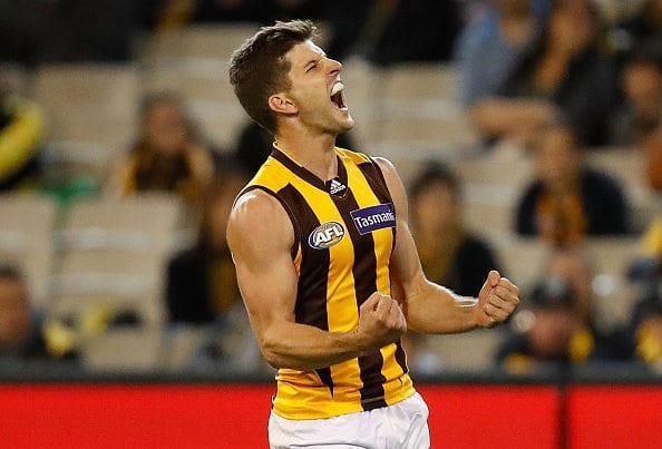 MELBOURNE, AUSTRALIA - MAY 6: Luke Breust of the Hawks celebrates a goal during the 2016 AFL Round 07 match between the Richmond Tigers and the Hawthorn Hawks at the Melbourne Cricket Ground, Melbourne on May 6, 2016. (Photo by Michael Willson/AFL Media/Getty Images)