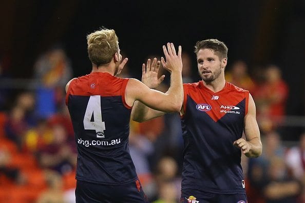 during the round seven AFL match between the Gold Coast Suns and the Melbourne Demons at Metricon Stadium on May 7, 2016 in Gold Coast, Australia.