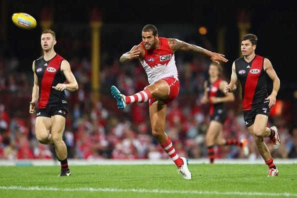 SYDNEY, AUSTRALIA - MAY 07: Lance Franklin of the Swans kicks a goal during the round seven AFL match between the Sydney Swans and the Essendon Bombers at Sydney Cricket Ground on May 7, 2016 in Sydney, Australia. (Photo by Cameron Spencer/Getty Images)