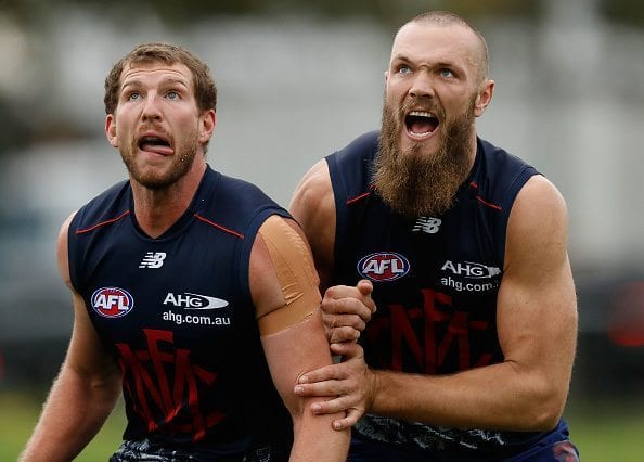 MELBOURNE, AUSTRALIA - MAY 11: Jake Spencer (left) and Max Gawn of the Demons compete in a ruck contest during a Melbourne Demons training session at Gosch's Paddock on May 11, 2016 in Melbourne, Australia. (Photo by Michael Willson/AFL Media/Getty Images)