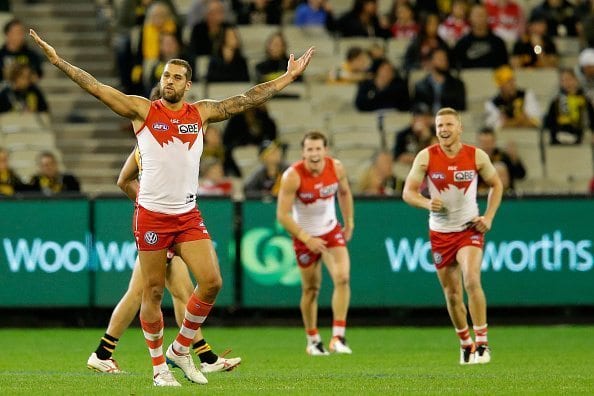 MELBOURNE, VICTORIA - MAY 14: Lance Franklin of the Swans celebrates a goal during the round eight AFL match between the Richmond Tigers and the Sydney Swans at Melbourne Cricket Ground on May 14, 2016 in Melbourne, Australia. (Photo by Darrian Traynor/AFL Media/Getty Images)