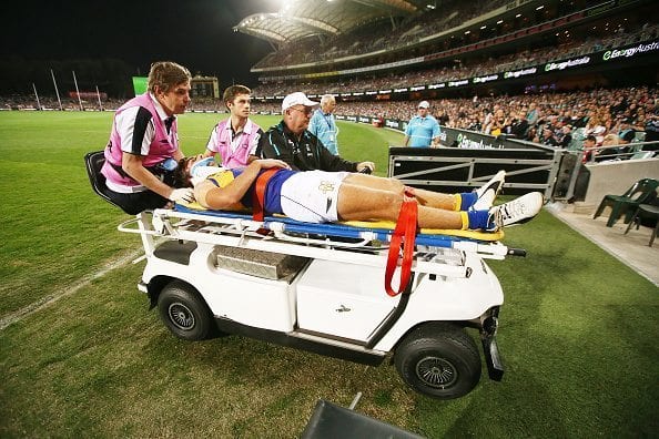 ADELAIDE, AUSTRALIA - MAY 21:  Andrew Gaff of the Eagles is taken from the field on a stretcher during the round nine AFL match between the Port Adelaide Power and the West Coast Eagles at Adelaide Oval on May 21, 2016 in Adelaide, Australia.  (Photo by Morne de Klerk/Getty Images)