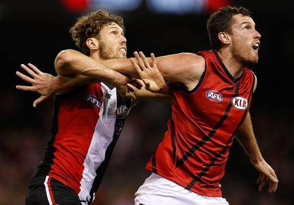 MELBOURNE, AUSTRALIA - MAY 22: Tom Hickey of the Saints and Matthew Leuenberger of the Bombers compete in a ruck contest during the 2016 AFL Round 09 match between the St Kilda Saints and the Essendon Bombers at Etihad Stadium on May 22, 2016 in Melbourne, Australia. (Photo by Adam Trafford/AFL Media/Getty Images)