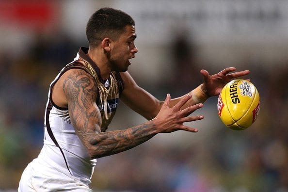 PERTH, AUSTRALIA - AUGUST 08: Bradley Hill of the Hawks gathers the ball during the round 19 AFL match between the West Coast Eagles and the Hawthorn Hawks at Domain Stadium on August 8, 2015 in Perth, Australia. (Photo by Paul Kane/Getty Images)