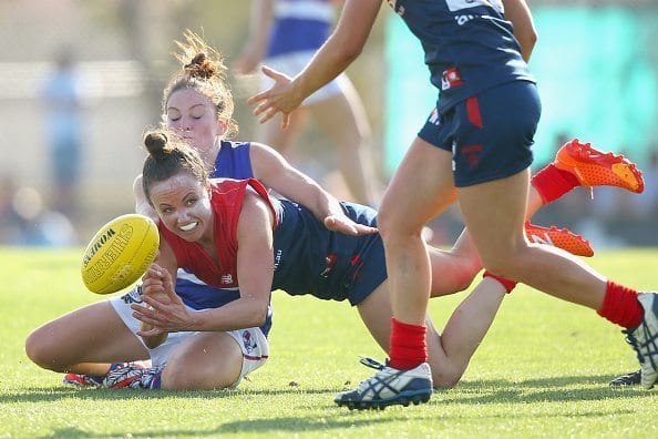 during the Women's AFL Exhibition Match between the Western Bulldogs and the Melbourne Demons at Highgate Reserve on March 6, 2016 in Melbourne, Australia.