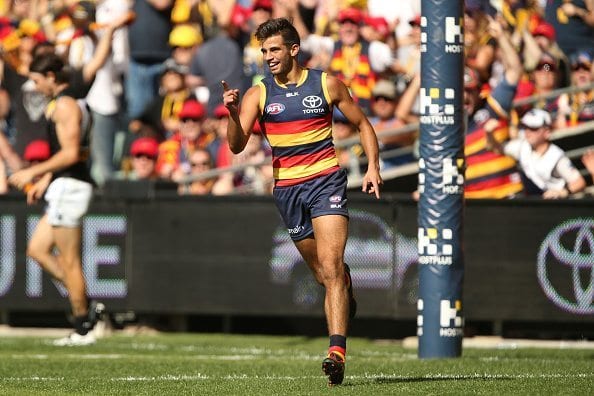 ADELAIDE, AUSTRALIA - APRIL 2: Wayne Milera of the Crows celebrates his first goal during the 2016 AFL Round 02 match between the Adelaide Crows and Port Adelaide Power at the Adelaide Oval, Adelaide on April 2, 2016. (Photo by James Elsby/AFL Media/Getty Images)