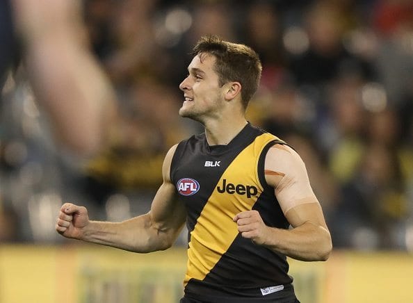 MELBOURNE, AUSTRALIA - MAY 06: Jayden Short of the Tigers celebrates a goal during the round seven AFL match between the Richmond Tigers and the Hawthorn Hawks at Melbourne Cricket Ground on May 6, 2016 in Melbourne, Australia.  (Photo by Robert Cianflone/Getty Images)
