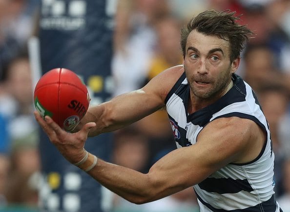 GEELONG, AUSTRALIA - MAY 07: Corey Enright of the Cats handballs during the round seven AFL match between the Geelong Cats and the West Coast Eagles at Simonds Stadium on May 7, 2016 in Geelong, Australia. (Photo by Robert Cianflone/Getty Images)