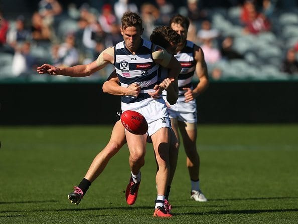 GEELONG, AUSTRALIA - MAY 14: Billie Smedts of Geelong kicks during the round six VFL match between Geelong and Collingwood on May 14, 2016 in Geelong, Australia. (Photo by Graham Denholm/Getty Images)