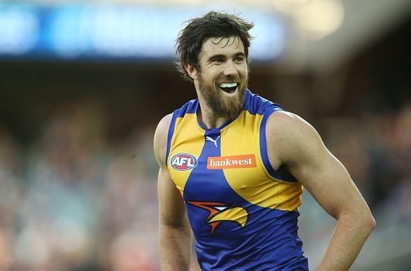 ADELAIDE, AUSTRALIA - MAY 21: Josh Kennedy of the Eagles celebrates a goal during the 2016 AFL Round 09 match between Port Adelaide Power and the West Coast Eagles at the Adelaide Oval on May 21, 2016 in Adelaide, Australia. (Photo by James Elsby/AFL Media/Getty Images)
