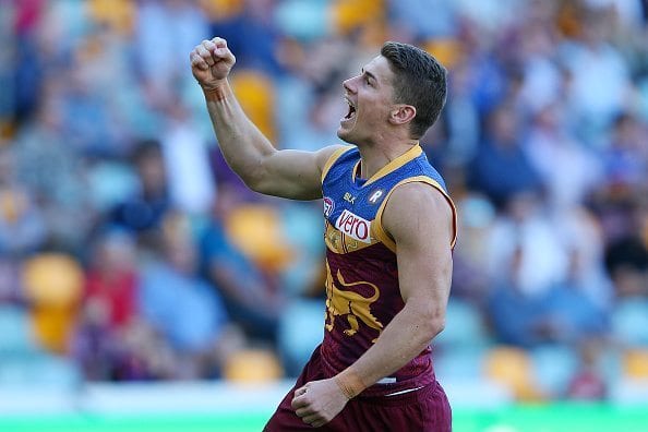 BRISBANE, AUSTRALIA - MAY 28: Dayne Zorko of the Lions celebrates a goal during the round 10 AFL match between the Brisbane Lions and the Hawthorn Hawks at The Gabba on May 28, 2016 in Brisbane, Australia. (Photo by Chris Hyde/Getty Images)
