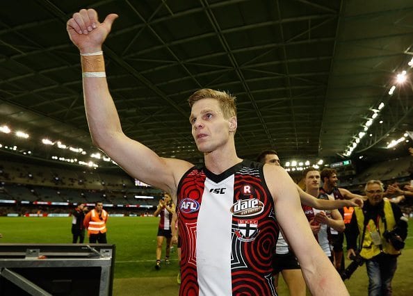 MELBOURNE, AUSTRALIA - MAY 28: Nick Riewoldt of the Saints salutes the crowd after the 2016 AFL Round 10 match between the St Kilda Saints and the Fremantle Dockers at Etihad Stadium on May 28, 2016 in Melbourne, Australia. (Photo by Michael Willson/AFL Media/Getty Images)