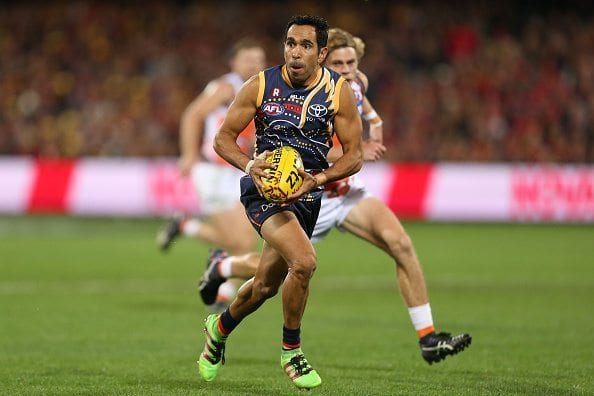 ADELAIDE, AUSTRALIA - MAY 28: Eddie Betts of the Crows in action during the 2016 AFL Round 10 match between the Adelaide Crows and the GWS Giants at Adelaide Oval on May 28, 2016 in Adelaide, Australia. (Photo by James Elsby/AFL Media/Getty Images)