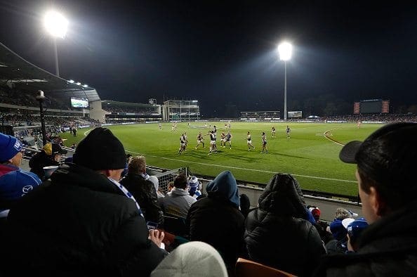 HOBART, AUSTRALIA - JUNE 03: A general view of the first night match in Hobart during the 2016 AFL Round 11 match between the North Melbourne Kangaroos and the Richmond Tigers at Blundstone Arena on June 3, 2016 in Hobart, Australia. (Photo by Michael Willson/AFL Media/Getty Images)