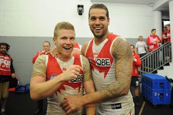 GOLD COAST, AUSTRALIA - JUNE 04: Lance Franklin of the Swans celebrates after the 2016 AFL Round 11 match between the Gold Coast Suns and the Sydney Swans at Metricon Stadium on June 4, 2016 in Gold Coast, Australia. (Photo by Matt Roberts/AFL Media)