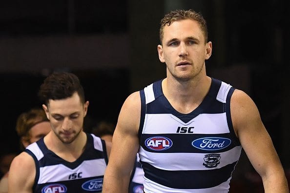 MELBOURNE, AUSTRALIA - JUNE 11: Joel Selwood of the Cats leads his team out onto the field during the round 12 AFL match between the Geelong Cats and the North Melbourne Kangaroos at Etihad Stadium on June 11, 2016 in Melbourne, Australia. (Photo by Quinn Rooney/Getty Images)