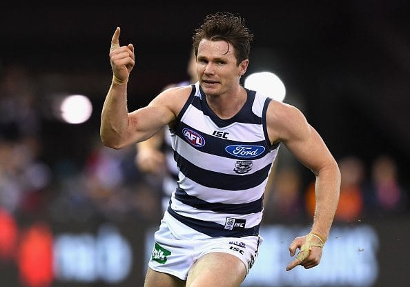 MELBOURNE, AUSTRALIA - JUNE 11: Patrick Dangerfield of the Cats gives instructions during the round 12 AFL match between the Geelong Cats and the North Melbourne Kangaroos at Etihad Stadium on June 11, 2016 in Melbourne, Australia. (Photo by Quinn Rooney/Getty Images)