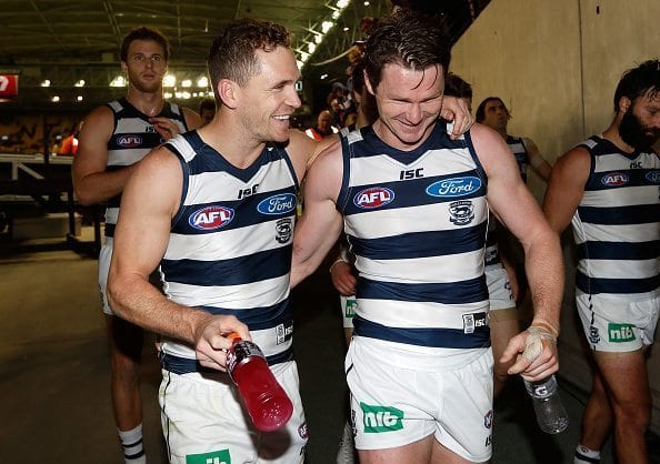 MELBOURNE, AUSTRALIA - JUNE 11: Joel Selwood (left) and Patrick Dangerfield of the Cats celebrate during the 2016 AFL Round 12 match between the Geelong Cats and the North Melbourne Kangaroos at Etihad Stadium on June 11, 2016 in Melbourne, Australia. (Photo by Michael Willson/AFL Media/Getty Images)