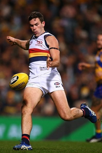 PERTH, AUSTRALIA - JUNE 11: Mitch McGovern of the Crows kicks on goal during the round 12 AFL match between the West Coast Eagles and the Adelaide Crows at Domain Stadium on June 11, 2016 in Perth, Australia.  (Photo by Paul Kane/Getty Images)