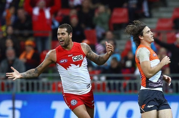 SYDNEY, AUSTRALIA - JUNE 12: Lance Franklin of the Swans celebrates a goal during the round 12 AFL match between the Greater Western Sydney Giants and the Sydney Swans at Spotless Stadium on June 12, 2016 in Sydney, Australia. (Photo by Ryan Pierse/Getty Images)