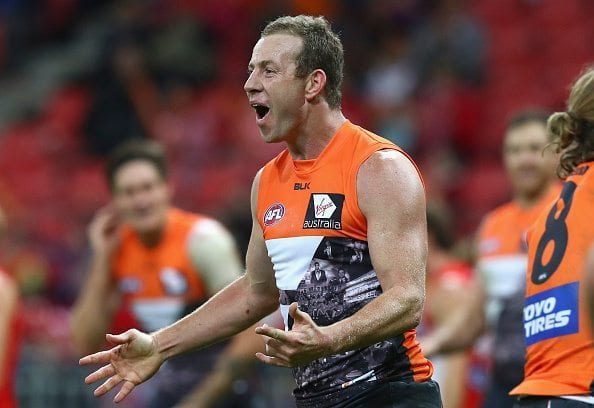 SYDNEY, AUSTRALIA - JUNE 12: Steve Johnson of the Giants celebrates a goal during the round 12 AFL match between the Greater Western Sydney Giants and the Sydney Swans at Spotless Stadium on June 12, 2016 in Sydney, Australia. (Photo by Ryan Pierse/Getty Images)