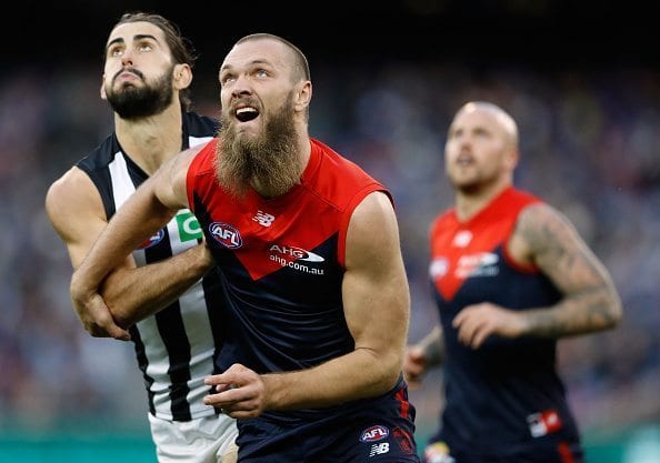 MELBOURNE, AUSTRALIA - JUNE 13: Max Gawn of the Demons and Brodie Grundy of the Magpies compete in a ruck contest during the 2016 AFL Round 12 match between the Melbourne Demons and the Collingwood Magpies at the Melbourne Cricket Ground on June 13, 2016 in Melbourne, Australia.