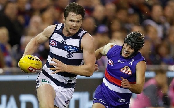 MELBOURNE, AUSTRALIA - JUNE 18: Patrick Dangerfield of the Cats in action during the 2016 AFL Round 13 match between the Western Bulldogs and the Geelong Cats at Etihad Stadium on June 18, 2016 in Melbourne, Australia. (Photo by Michael Willson/AFL Media/Getty Images)
