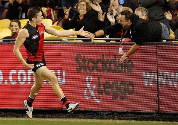 MELBOURNE, AUSTRALIA - JUNE 19: Orazio Fantasia of the Bombers celebrates a goal during the 2016 AFL Round 13 match between the Essendon Bombers and the GWS Giants at Etihad Stadium on June 19, 2016 in Melbourne, Australia. (Photo by Adam Trafford/AFL Media/Getty Images)