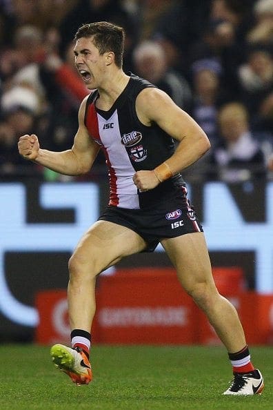 MELBOURNE, AUSTRALIA - JUNE 25:  Jade Gresham of the Saints celebrates a goal during the round 14 AFL match between the St Kilda Saints and the Geelong Cats at Etihad Stadium on June 25, 2016 in Melbourne, Australia.  (Photo by Michael Dodge/Getty Images)