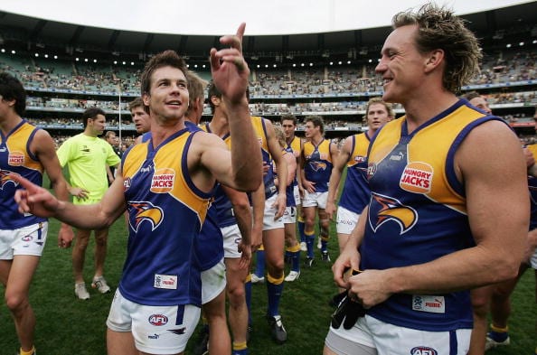 MELBOURNE, AUSTRALIA - SEPTEMBER 02: Ben Cousins and Daniel Chick of the Eagles celebrate the Eagles win over the Tigers after the round 22 AFL match between the Richmond Tigers and the West Coast Eagles at the Melbourne Cricket Ground on September 2, 2006 in Melbourne, Australia. (Photo by Robert Cianflone/Getty Images)